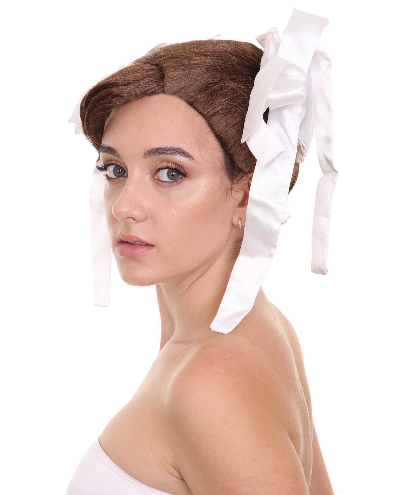 ハロウィンパーティプレミアム H-5238 レディース 茶色ストレートでアップスタイルの白い牛の角とリボンのコスプレウィッグ