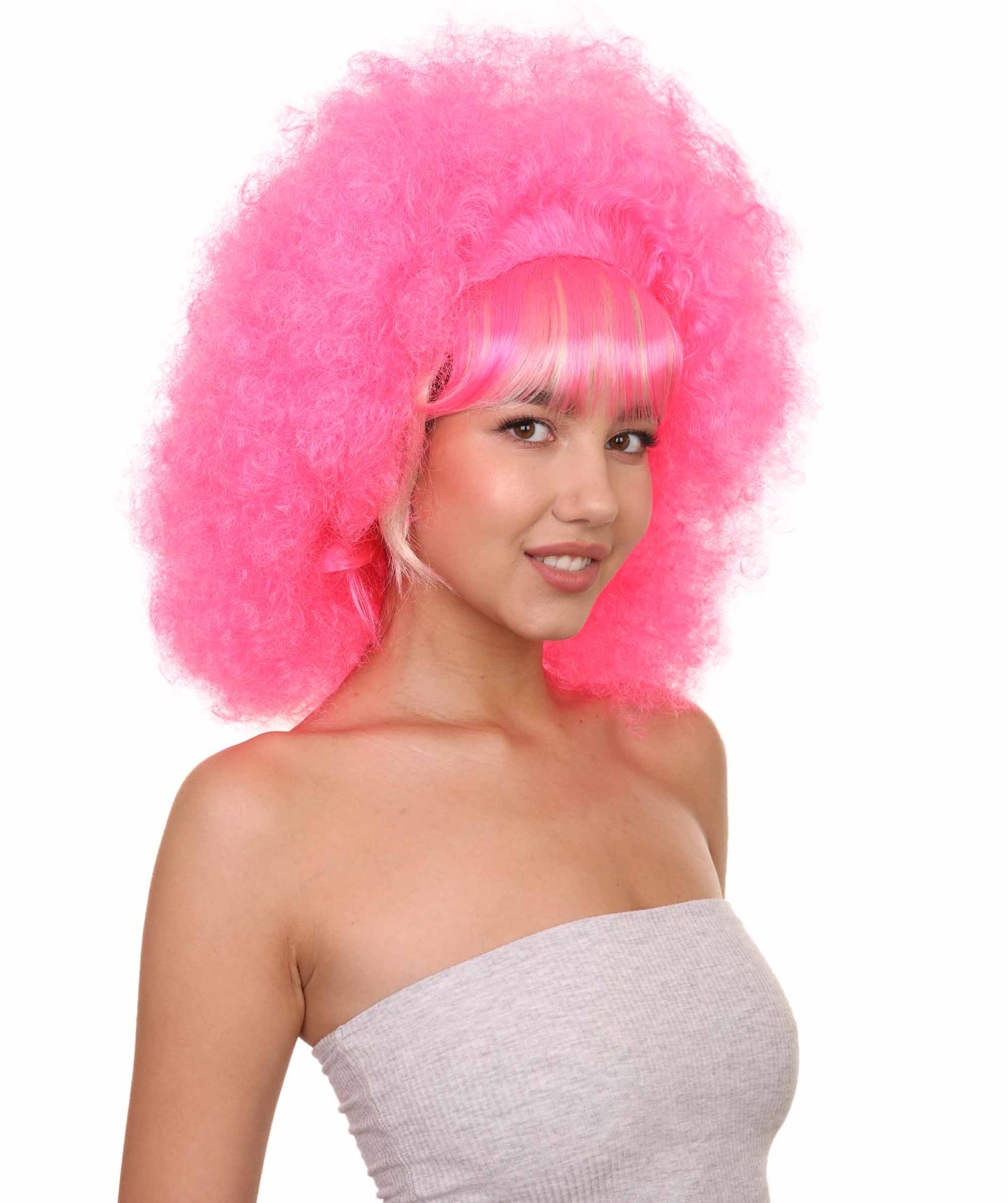 スイーティーピンクバブルアフロクラウン女性用ウィッグ H-3414 セクシーコスプレパーティーハロウィンウィッグ プレミアム通気性のあるキャップレスキャップ