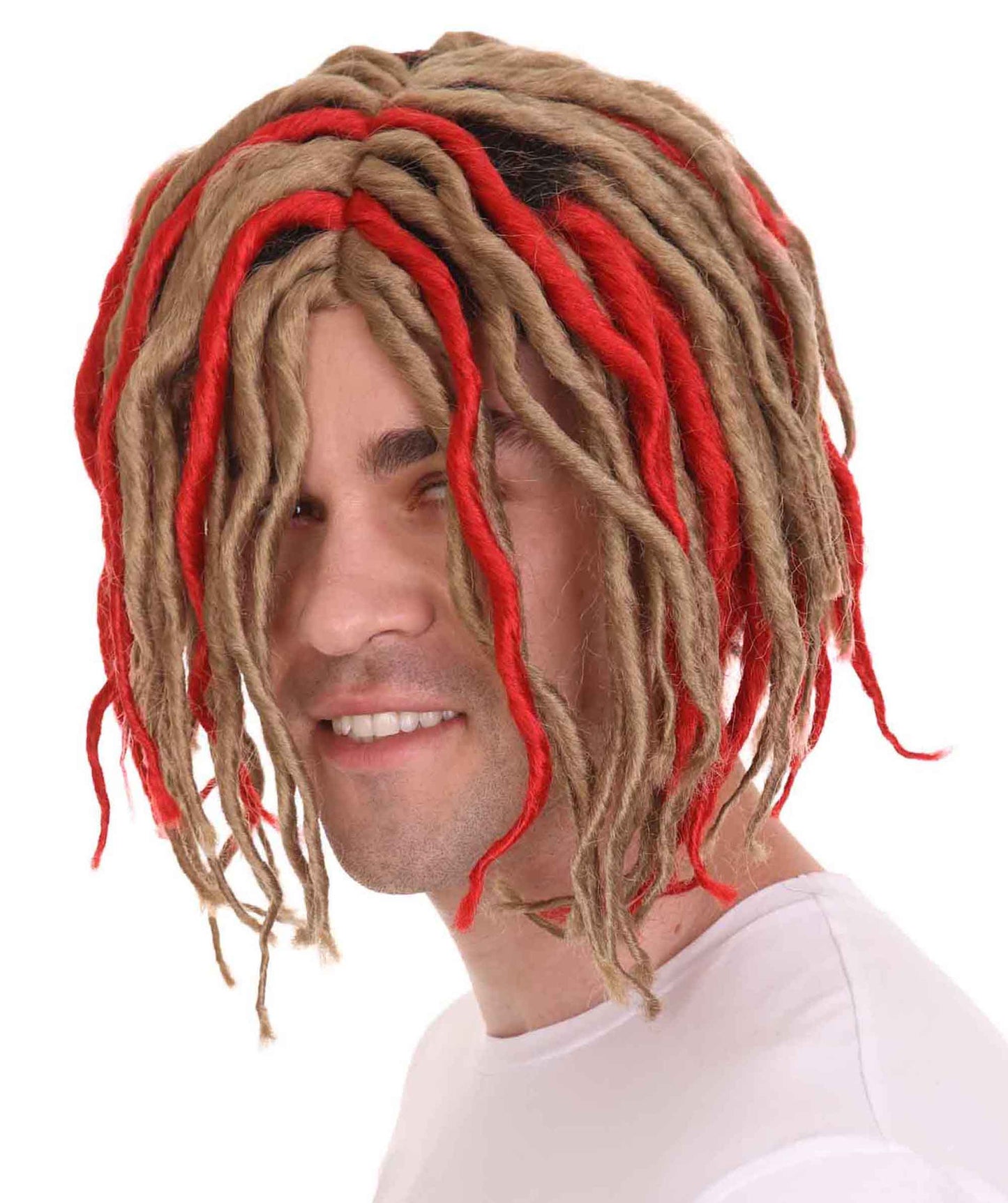 男性用アメリカンラッパー H-4771 Lil Pump ショートドレッドロック レッドブロンドウィッグ プレミアム通気性キャップレスキャップ