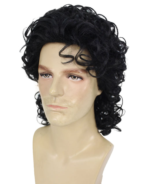メンズ H-6137 伝説のポップスター カーリー ポップキング ウィッグ I ブラックカラー 通気性 キャップレスキャップ 難燃性合成繊維