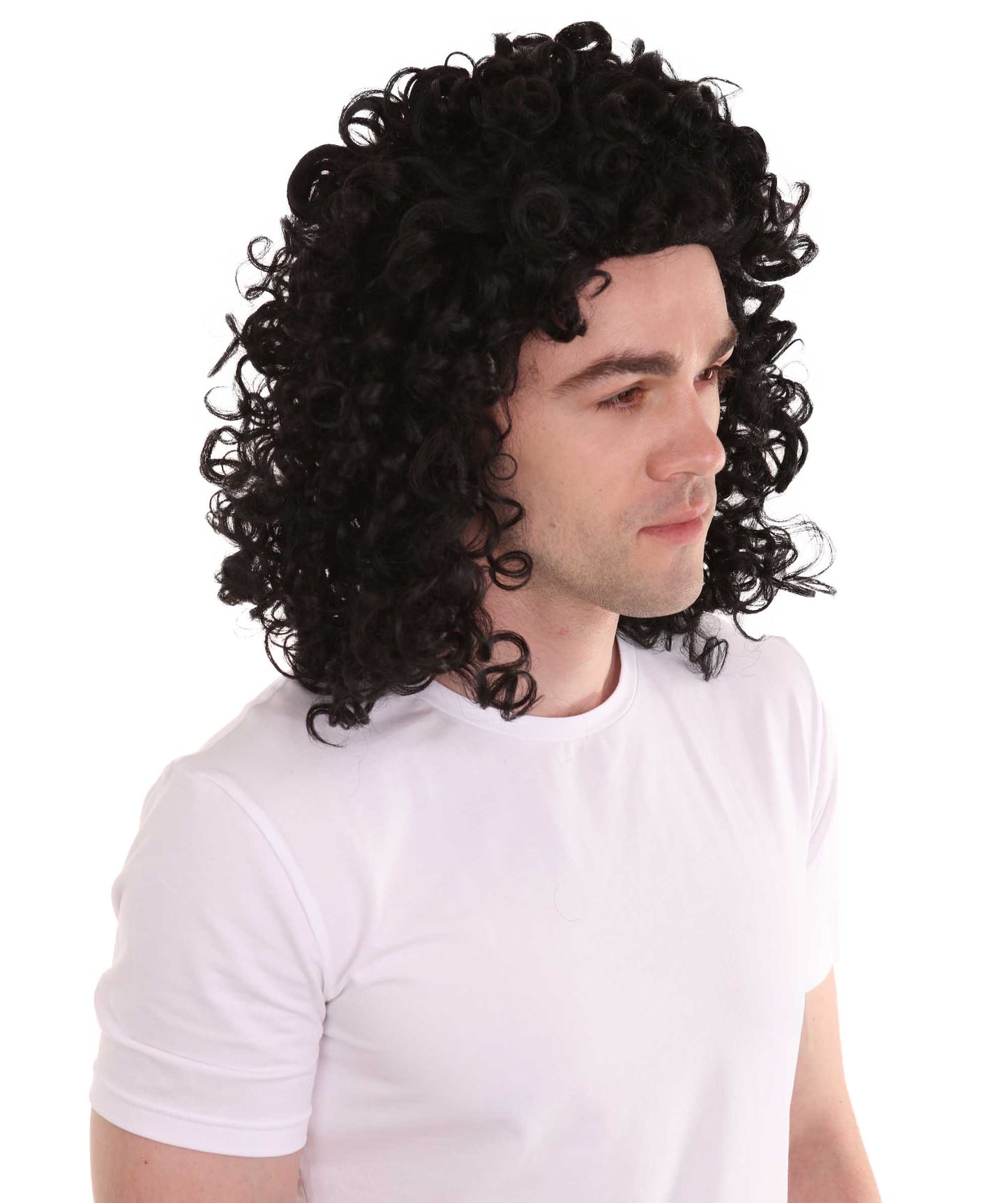 ハロウィンパーティ 男性用 H-4280 カーリーロックスターウィッグ 黒 プレミアム通気性キャップレスキャップ
