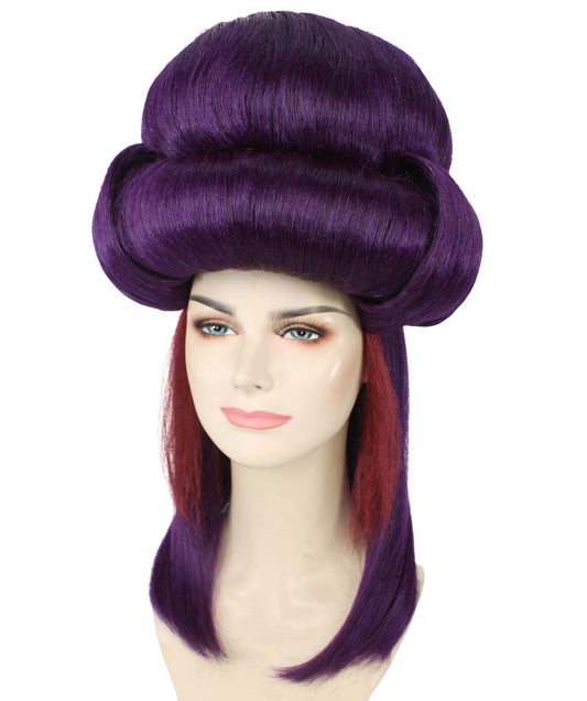ダークパープルとバーガンディのコスプレウィッグ、お団子付き、ハロウィンやコスプレに最適、キャップレスキャップ合成繊維 H-5989