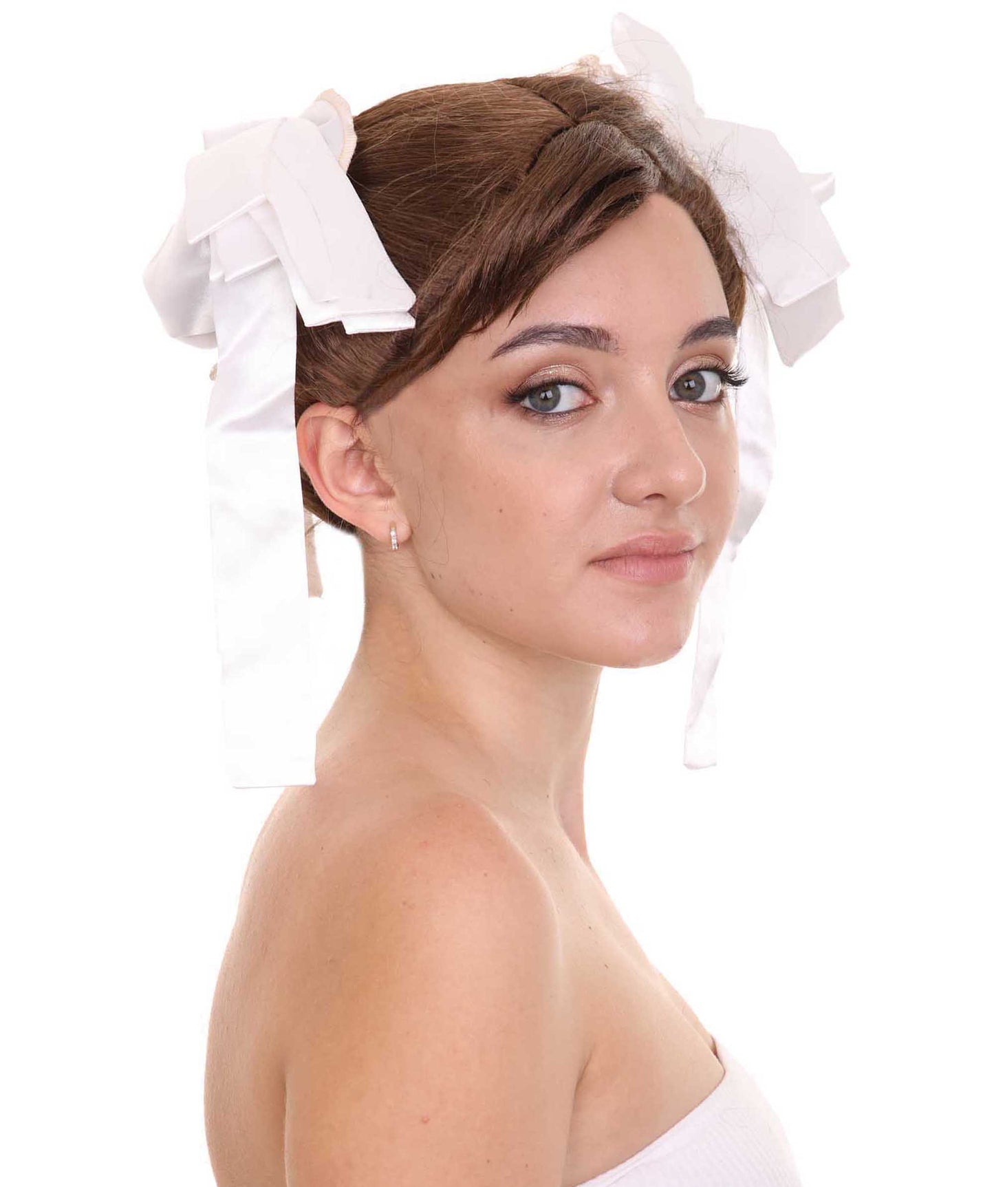 ハロウィンパーティプレミアム H-5238 レディース 茶色ストレートでアップスタイルの白い牛の角とリボンのコスプレウィッグ