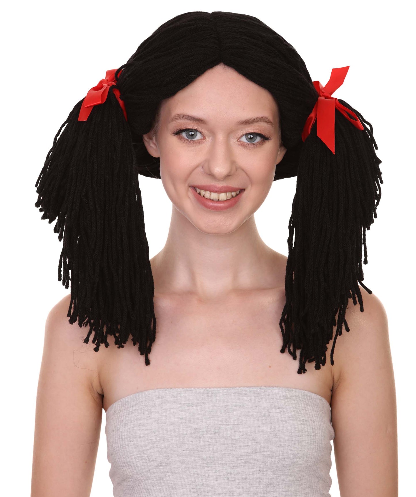 ゴシックラグドール女性用ウィッグ H-3418 ホラーハロウィンウィッグ赤リボン付き プレミアム通気性のあるキャップレスキャップ