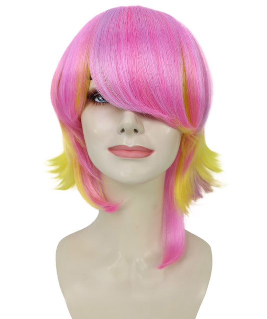 Wigs2you H-6933 大人女性用 パステルピンク&イエローグラデーション ショートレイヤードボブカットウィッグ|難燃性合成繊維|ハロウィンやコスプレに使えるフリップエンドウィッグ