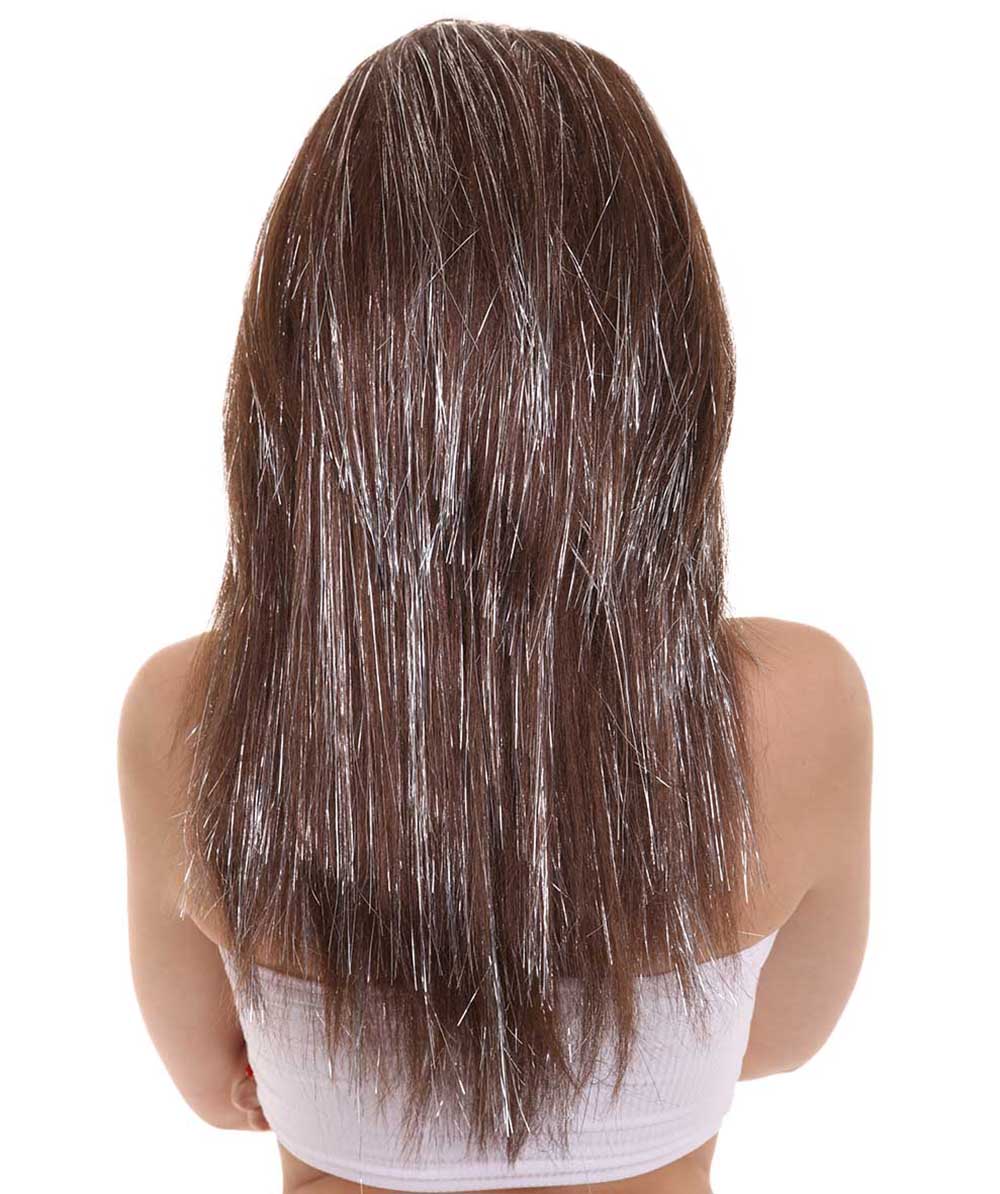 ハロウィンパーティ H-5214 女性用 60'sブルネットブーファン シルバーティンセルハイライトウィッグ プレミアム 通気性抜群のキャップレスキャップ