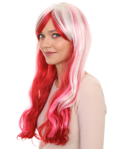 ウィメンズ ファッション レディ コスプレ ロング カーリーウェービー ホワイト&レッド ウィッグ H-4764 ホワイト&レッド パーティーウィッグ プレミアム通気性の良いキャップレスキャップ