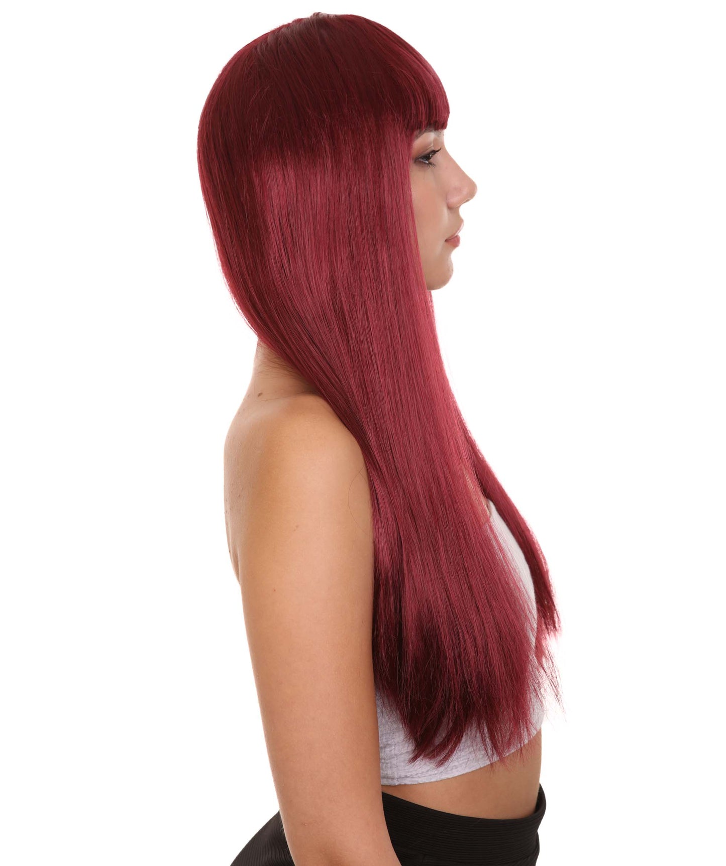 ロングボブバーガンディ女性用ウィッグ H-3336 華やかなパーティーイベント準備完了のハロウィンウィッグ プレミアム通気性のあるキャップレスキャップ