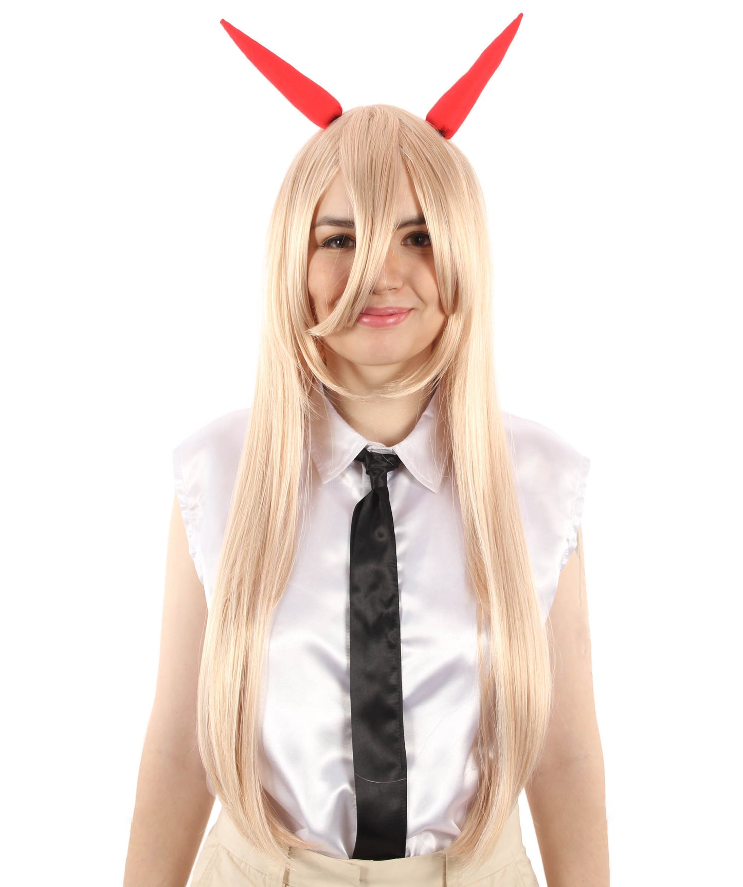 大人向け女性用 H-5812 チェーンソー マンガ アニメ デビル ガール ブロンド ウィッグ(角付き) ハロウィンおよびアニメテーマのグループパーティに最適 難燃性合成ファイバー