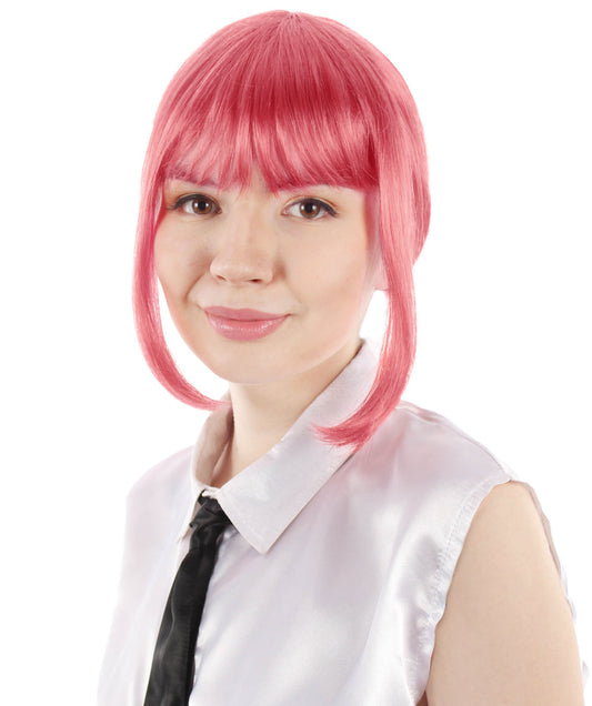 大人向け女性用 H-5811 超自然な チェーンソーアニメ マキ ピンク ブレイデッド ウィッグ ハロウィンおよびアニメテーマのグループパーティに最適 難燃性合成ファイバー