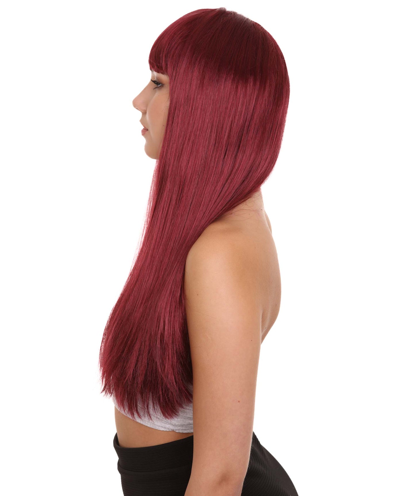 ロングボブバーガンディ女性用ウィッグ H-3336 華やかなパーティーイベント準備完了のハロウィンウィッグ プレミアム通気性のあるキャップレスキャップ