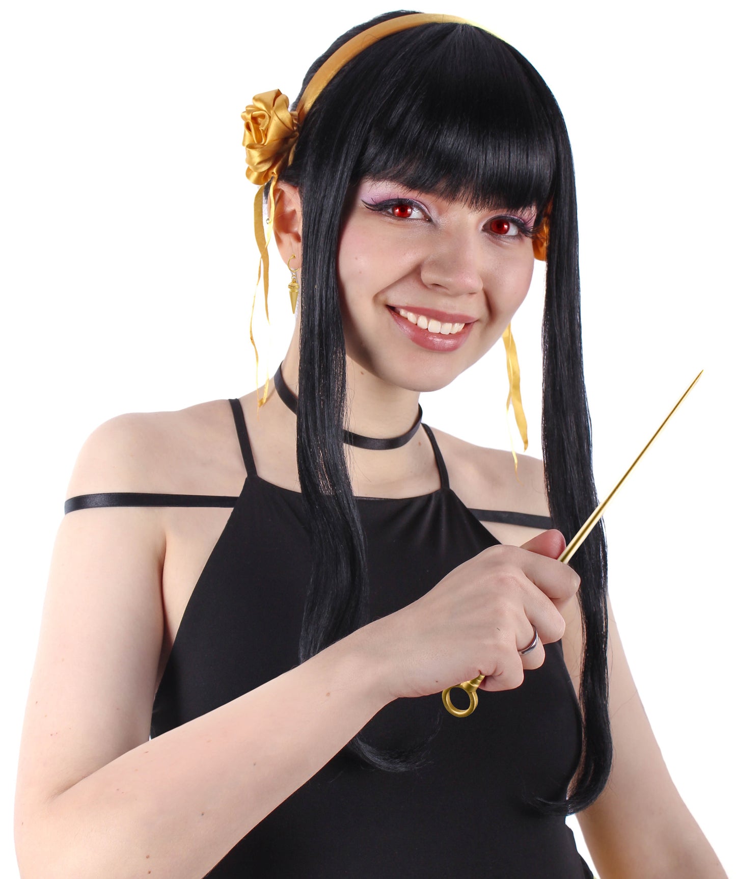 大人向け女性用 H-5806 日本のアニメシリーズ ロング ブラック ストレート ウィッグ ヘッドピース付き ハロウィンに最適 難燃性合成ファイバー