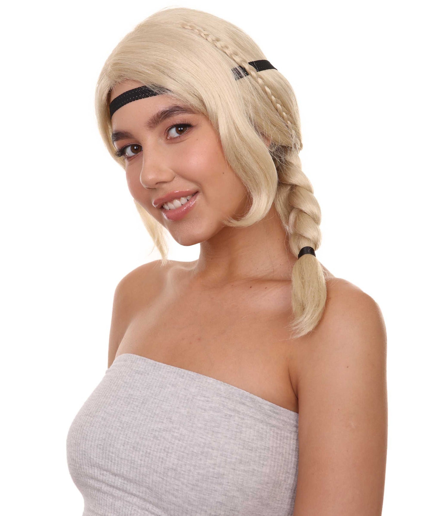 ハロウィンパーティ プレミアム H-5095 女性スタイル ポニーテール 黒ヘアバンド付き ブロンドウィッグ