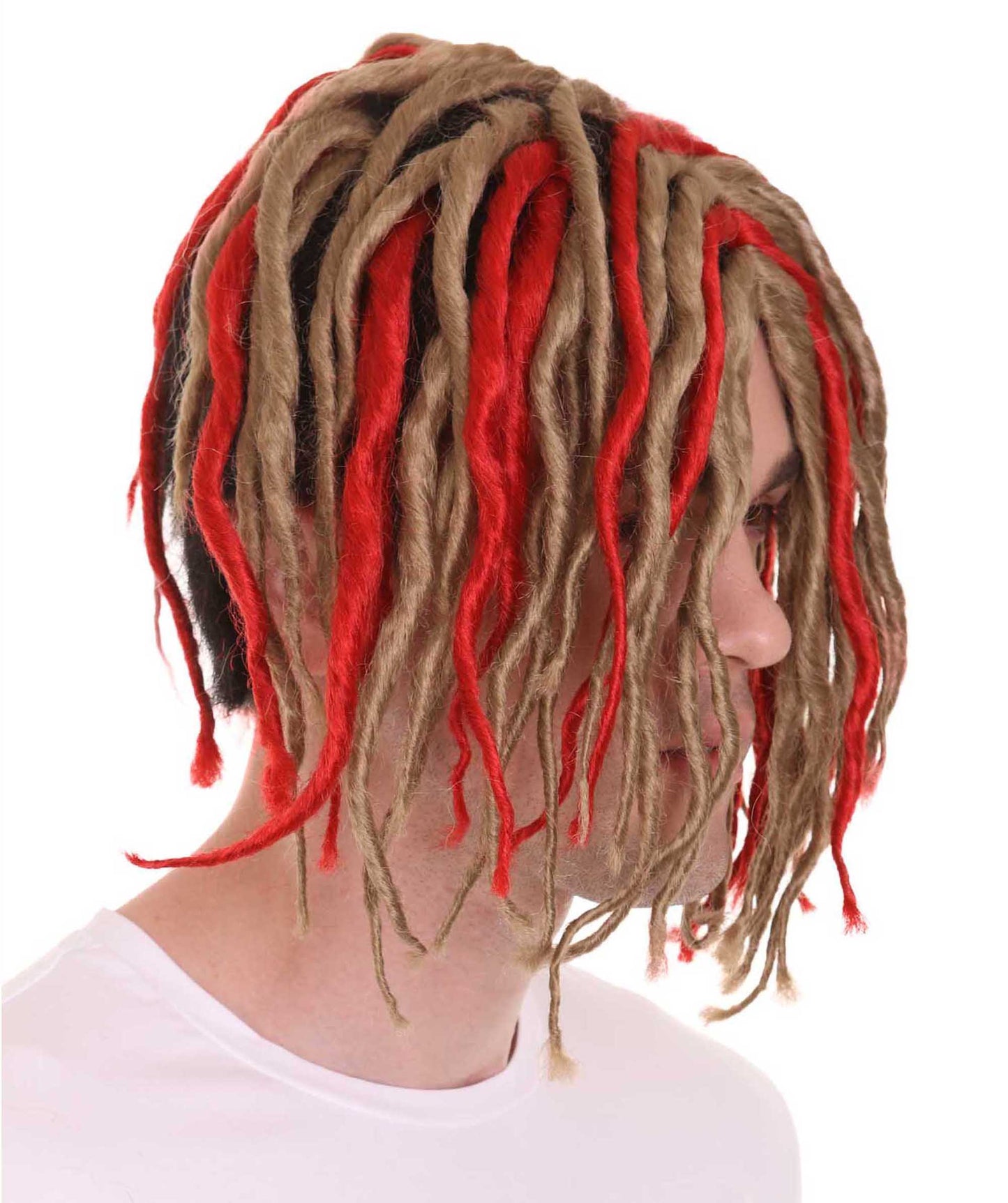 男性用アメリカンラッパー H-4771 Lil Pump ショートドレッドロック レッドブロンドウィッグ プレミアム通気性キャップレスキャップ
