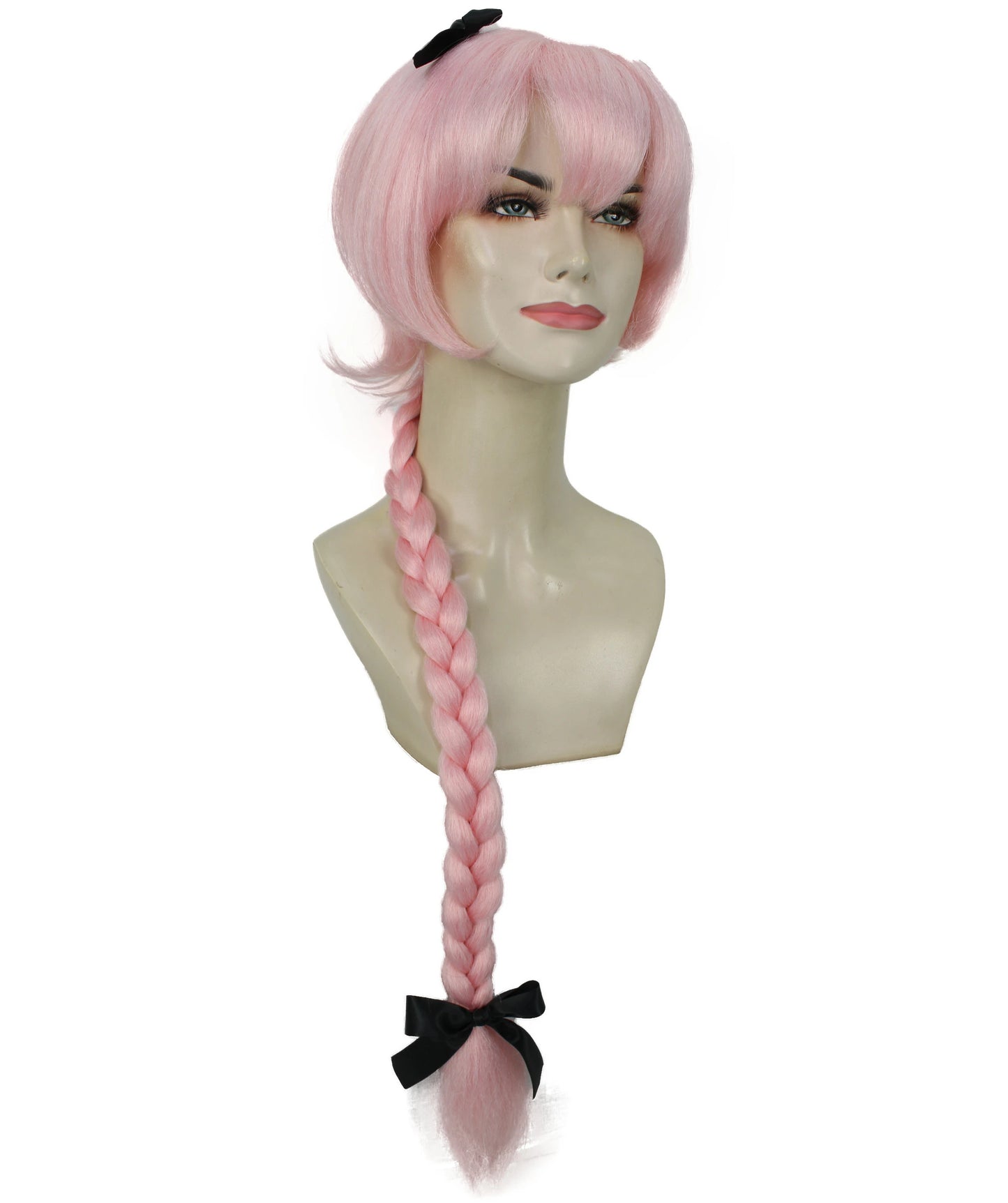H-6264 ピンク コスプレウィッグ 女性用 ロング編み込み ちょう結び 難燃性合成繊維製