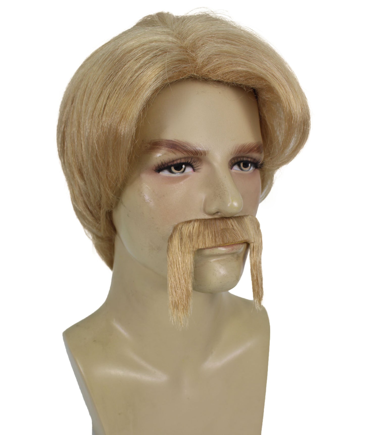 男性用 H-6131 格闘家チャック ブロンド ウィッグ 口ひげ付き 通気性 キャップレス キャップ 難燃性合成繊維