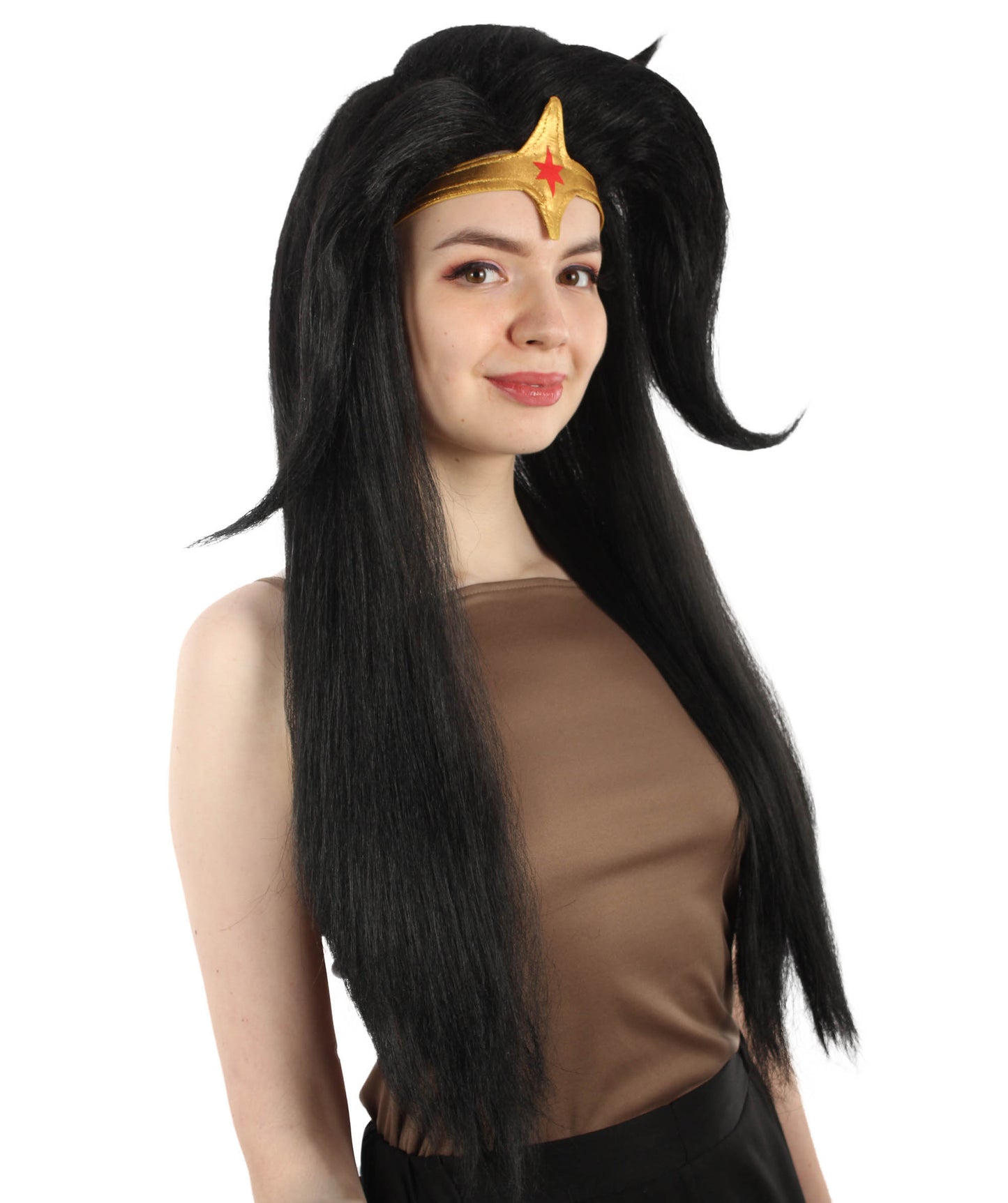 大人向け女性用 H-5784 アニメ カートゥーン アクション 女性 スーパーヒーロー ロング ブラック ウィッグ ヘッドピースとウィップ付き 難燃性合成ファイバー