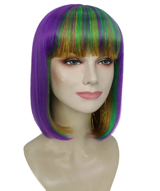 大人女性用 H-6299 マルチカラー マルディ グラス フェスティバル ボブ ウィッグ 前髪付き コスプレ ウィッグ 難燃性合成繊維