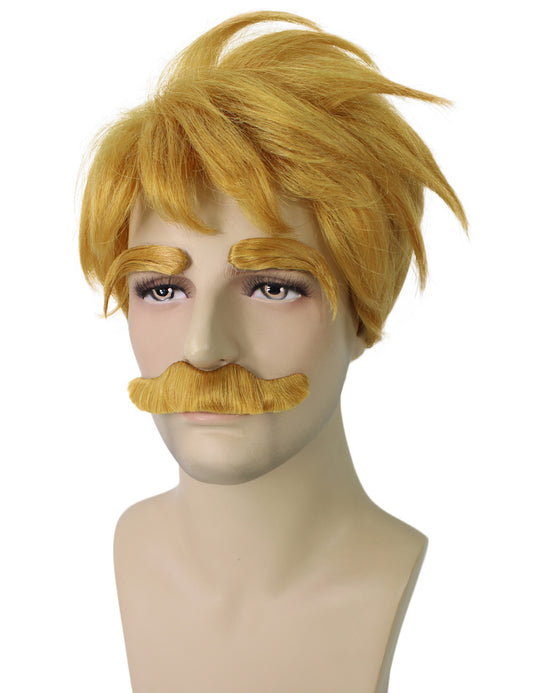 メンズ H-5622 (10インチ) ショートレングス ハロウィンアニメコスプレ ライオンシン ウィッグとムスタッシュ 合成ソフトファイバーヘア