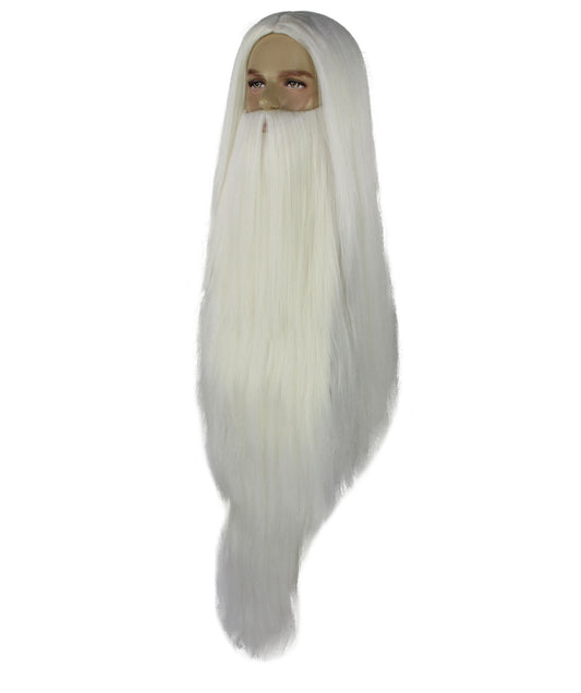 メンズ H-6135 ファンタジー サーガ ウィザード ホワイト ウィッグ ひげと口ひげセット 通気性のあるキャップレスキャップ 難燃性合成繊維
