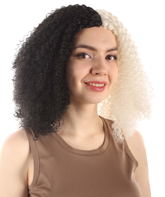 女性用ショルダーレングスカーリーウィッチウィッグ ブラックホワイト H-5374_23 合成繊維ヘア ハロウィンパーティーウィッグコレクション