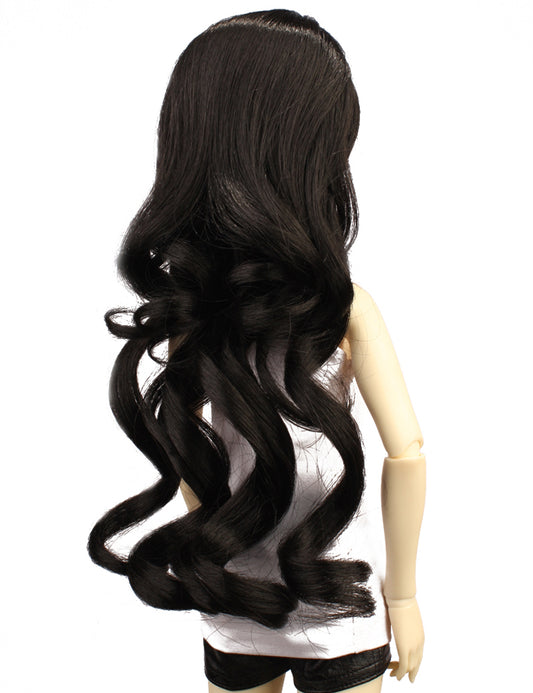 ミディアムとロングのウェービーヘアの組み合わせの人形のウィッグ W-684ブラックの色