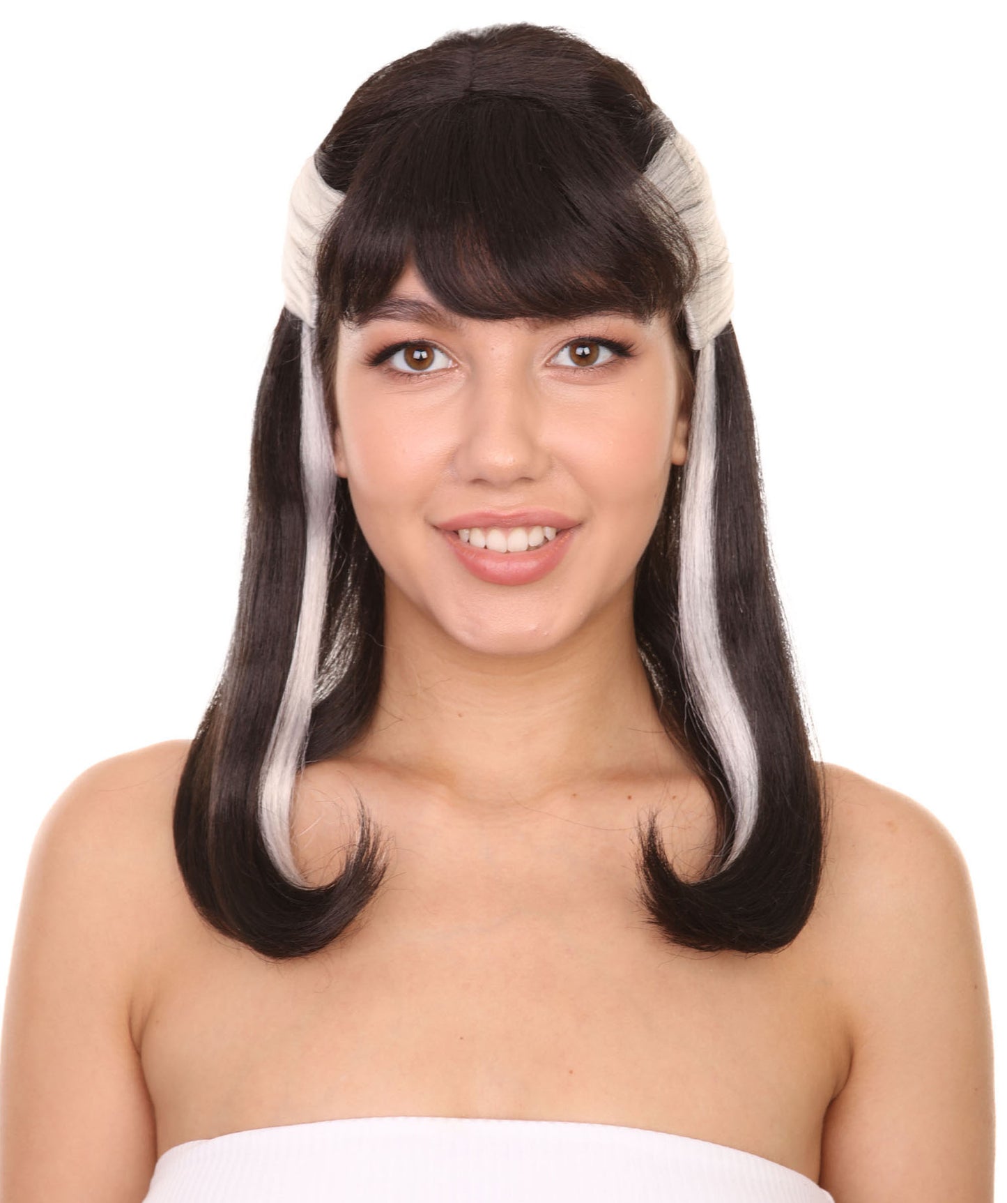 プレミアムハロウィンパーティーレディ H-5469 ミディアムレングス ブラックホワイト ウィザード ナルシッサウィッグ 黒と白