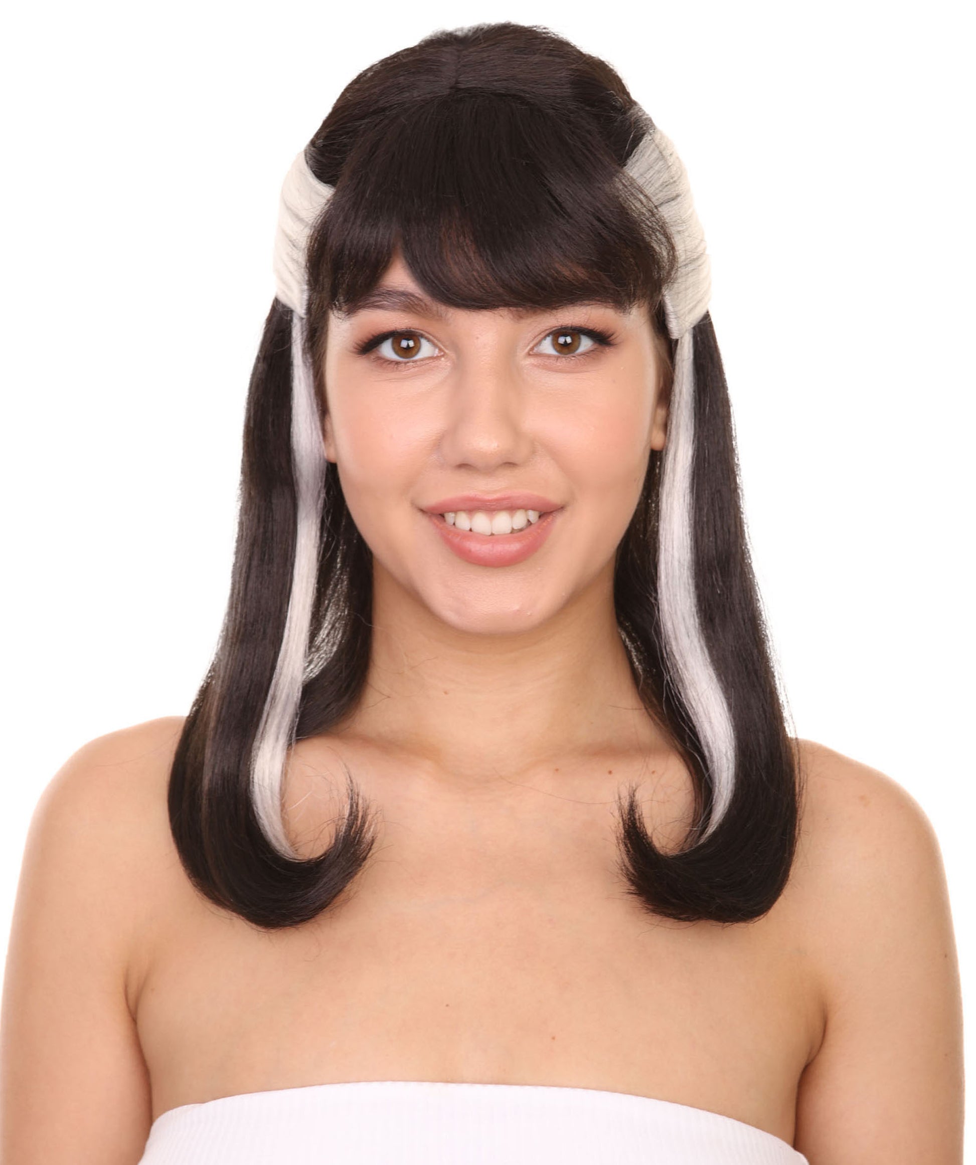 プレミアムハロウィンパーティーレディ H-5469 ミディアムレングス ブラックホワイト ウィザード ナルシッサウィッグ 黒と白