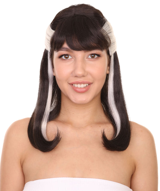 プレミアムハロウィンパーティーレディ H-5469 ミディアムレングス ブラックホワイト ウィザード ナルシッサウィッグ 黒と白