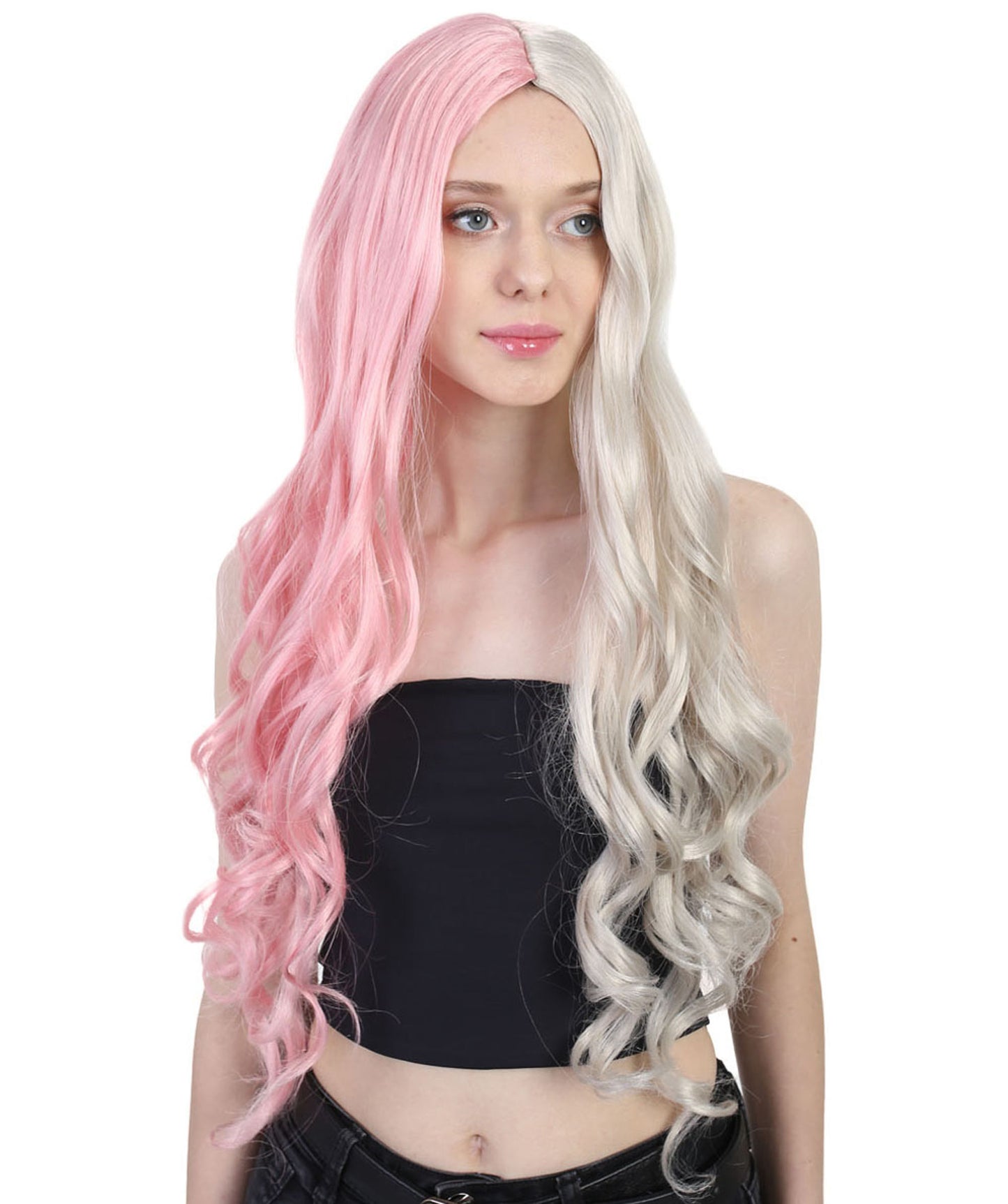 Wigs2you ハロウィンパーティープレミアムレディース H-1464 美しいルックを手に入れよう!長いカーリーハーフライトピンクとブロンドウィッグスタイル