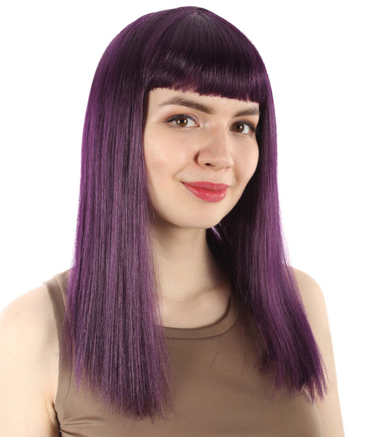 女性 18インチ シルキーな中程度のストレート長さ ディーバウィッグ ダークパープル H-5378_9 合成繊維の髪 バングス付き ハロウィーン パーティーウィッグ
