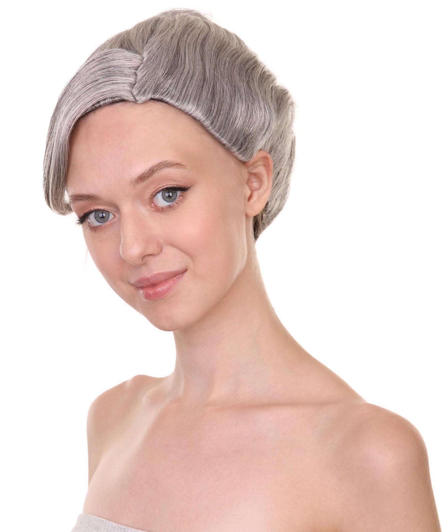 コスプレ用ウィッグ Mrs Zimmermann H-3832 グレー おばあちゃんのヘアバン付きウィッグ プレミアム 通気性の良い キャップレスキャップ