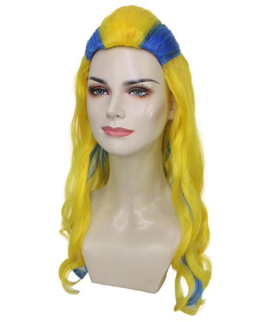 女性用H-5886 パフォーマー ドラッグ イエロー&ブルー ウィッグ ハロウィンとコスプレパーティーに最適 難燃性合成ファイバー