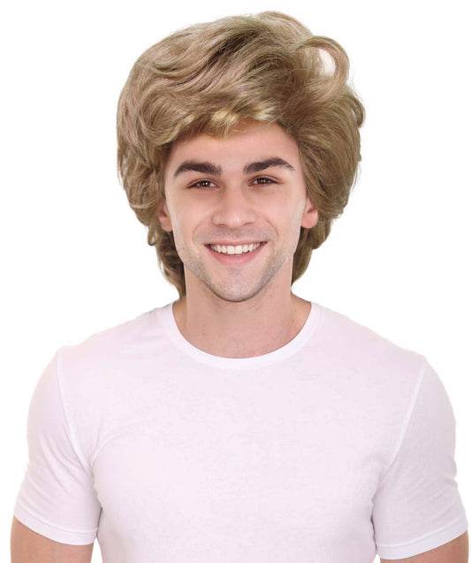 ハロウィンパーティー プレミアム 大人用 男性の「Careless Whisper WHAM」の軽い茶色のカーリーパーマウィッグ H-5693