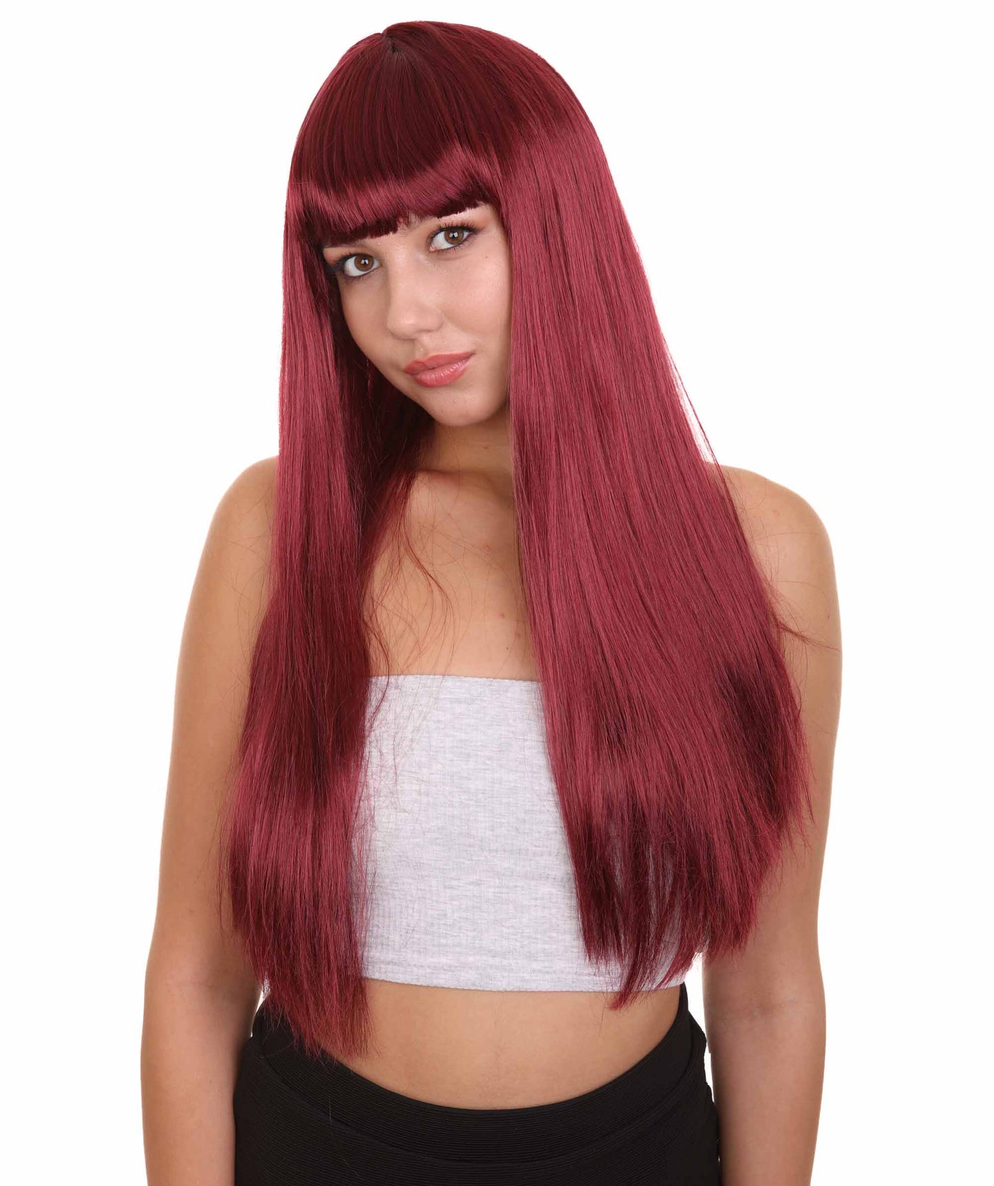 ロングボブバーガンディ女性用ウィッグ H-3336 華やかなパーティーイベント準備完了のハロウィンウィッグ プレミアム通気性のあるキャップレスキャップ