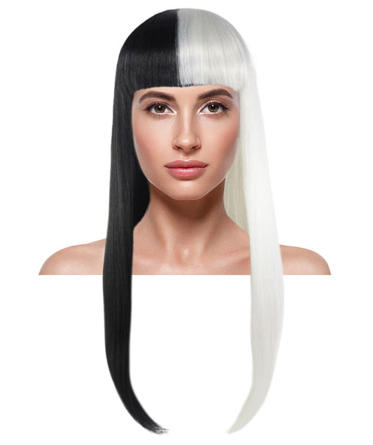 ハロウィンパーティー プレミアム 女性用 H-3335 2トーン ロング ボブ ウィッグ ブラック&ホワイト