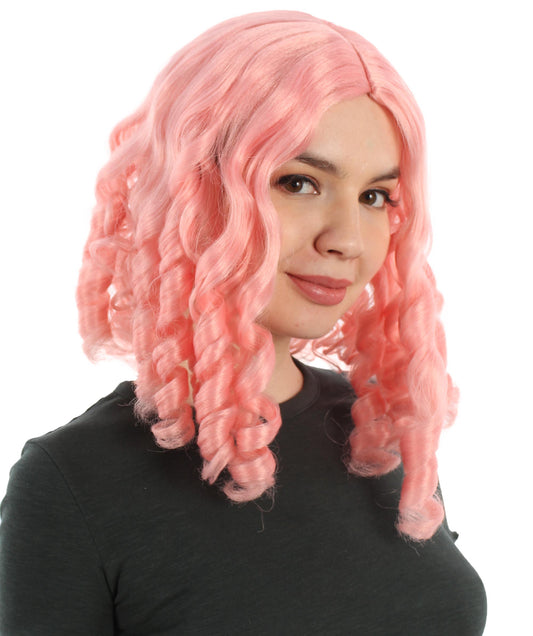 女性用14インチショルダーレングスウィーブカーリーゴルディロックスウィッグ ピンク H-5377_2 ソフト合成繊維ヘア ハロウィンパーティーウィッグコレクション