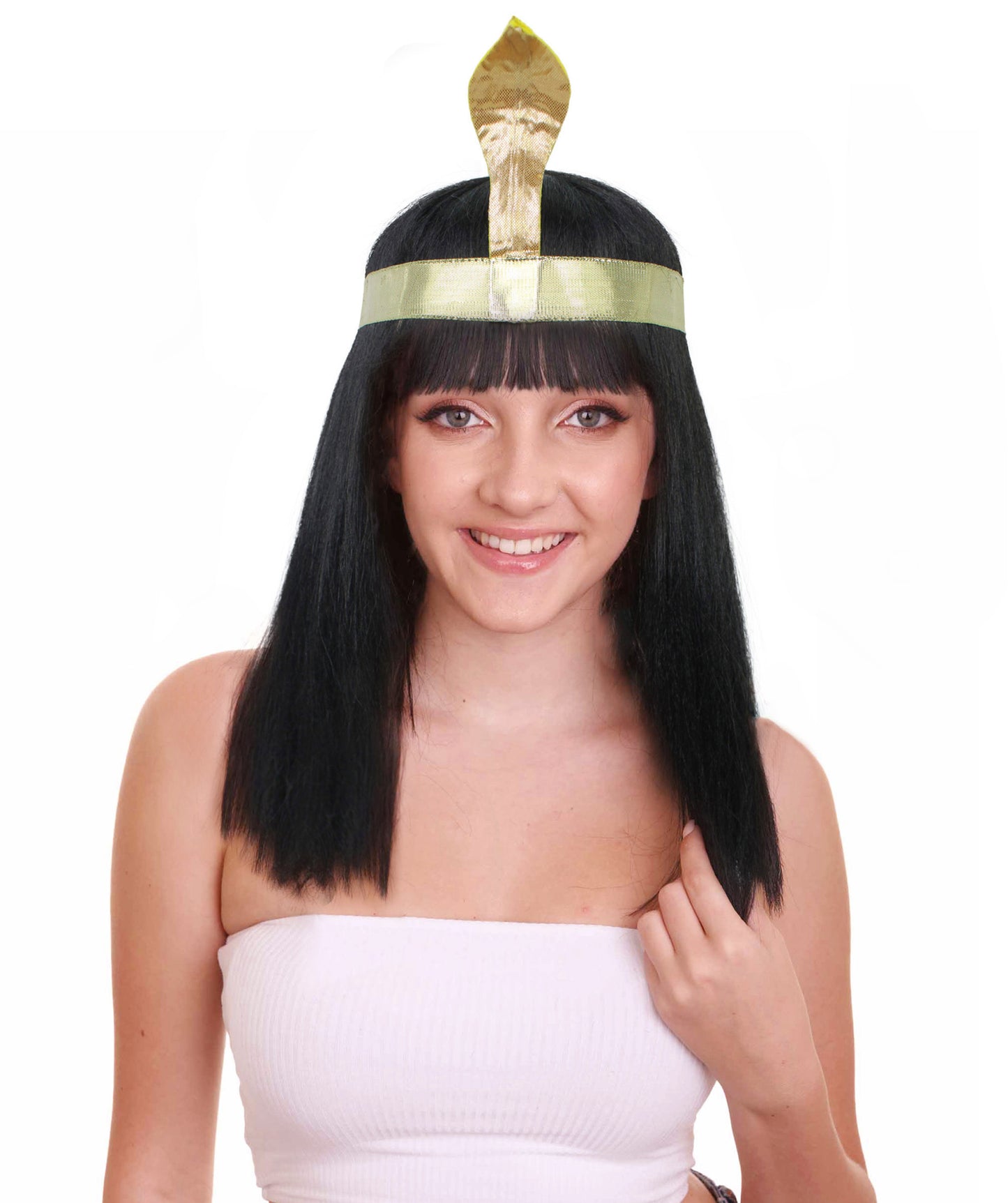 女性用H-5907 エジプトの女王 ウィッグ ヘッドバンド付き ブラック カラー ハロウィンに最適 難燃性合成ファイバー