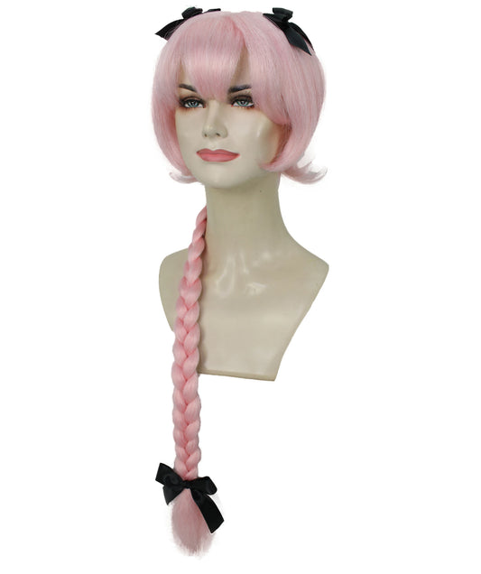 H-6264 ピンク コスプレウィッグ 女性用 ロング編み込み ちょう結び 難燃性合成繊維製
