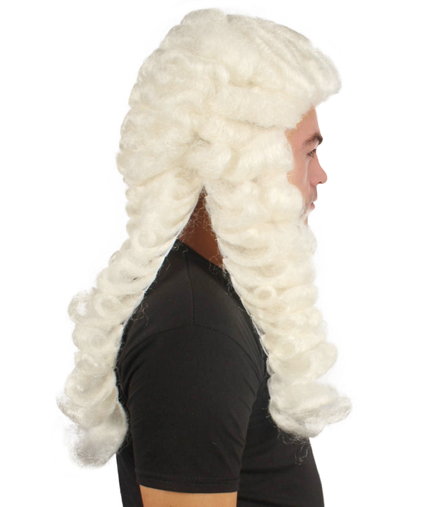 男性用コロニアル裁判官カーリーロングホワイトウィッグ H-4332 プレミアム通気性キャップレスキャップ