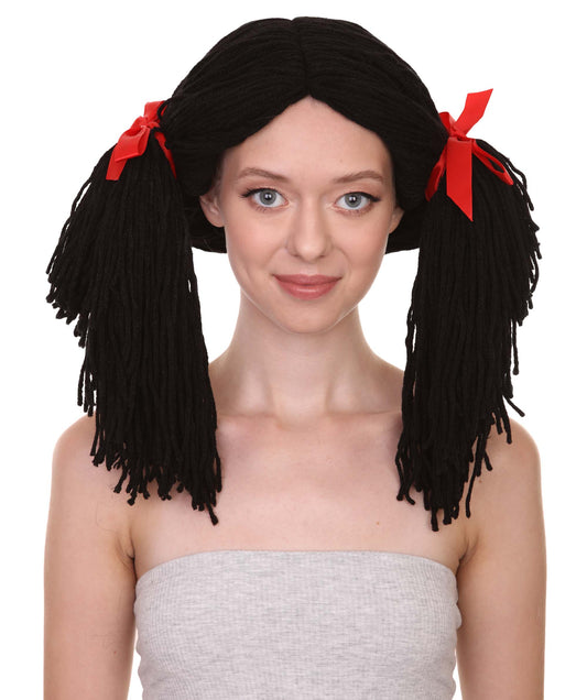 ゴシックラグドール女性用ウィッグ H-3418 ホラーハロウィンウィッグ赤リボン付き プレミアム通気性のあるキャップレスキャップ