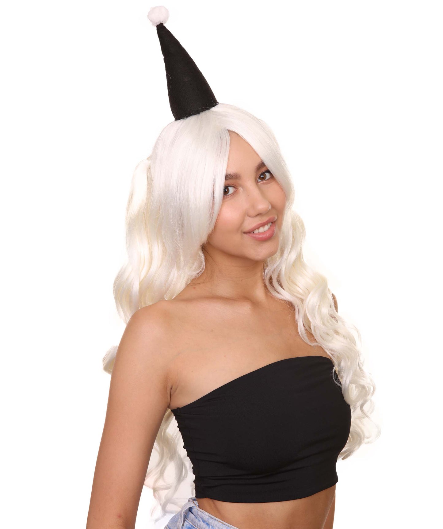 クラウンガール 2つのポニーテール ホワイトウィッグ 小さな帽子付き H-3827 キャラクターコスプレハロウィンウィッグ プレミアム 通気性の良い キャップレスキャップ