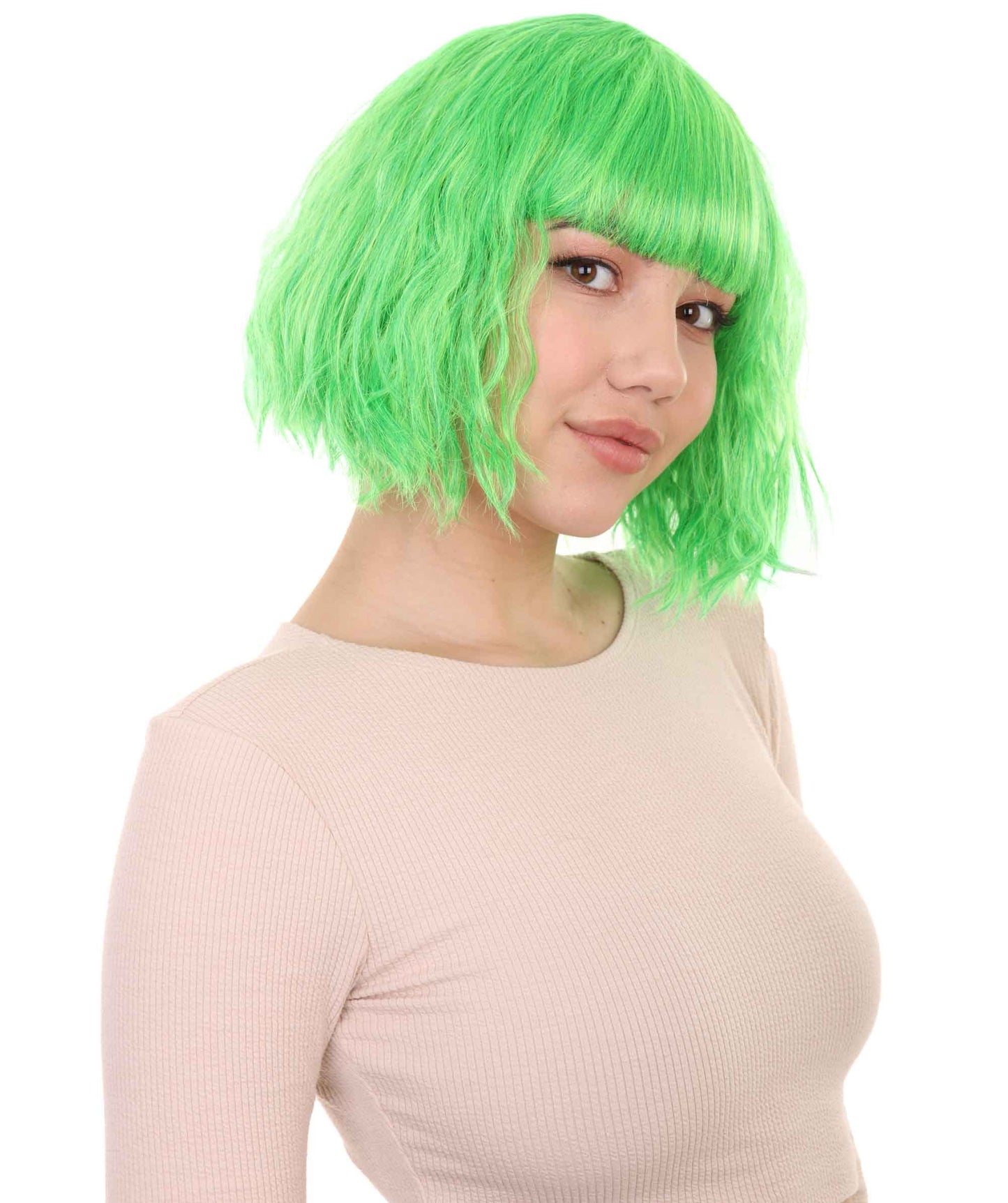 女性用カーリーパーティーレディ ファンシーコスプレハロウィンウィッグ H-3821 緑色 プレミアム通気性キャップレスキャップ