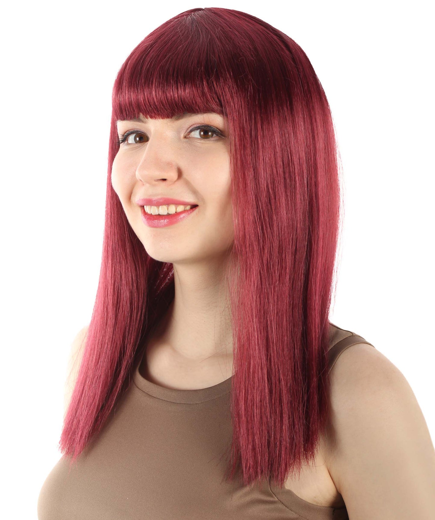 女性 18インチ シルキーな中程度のストレート長さ ディーバウィッグ バーガンディ H-5378_18 合成繊維の髪 バングス付き ハロウィーン パーティーウィッグ