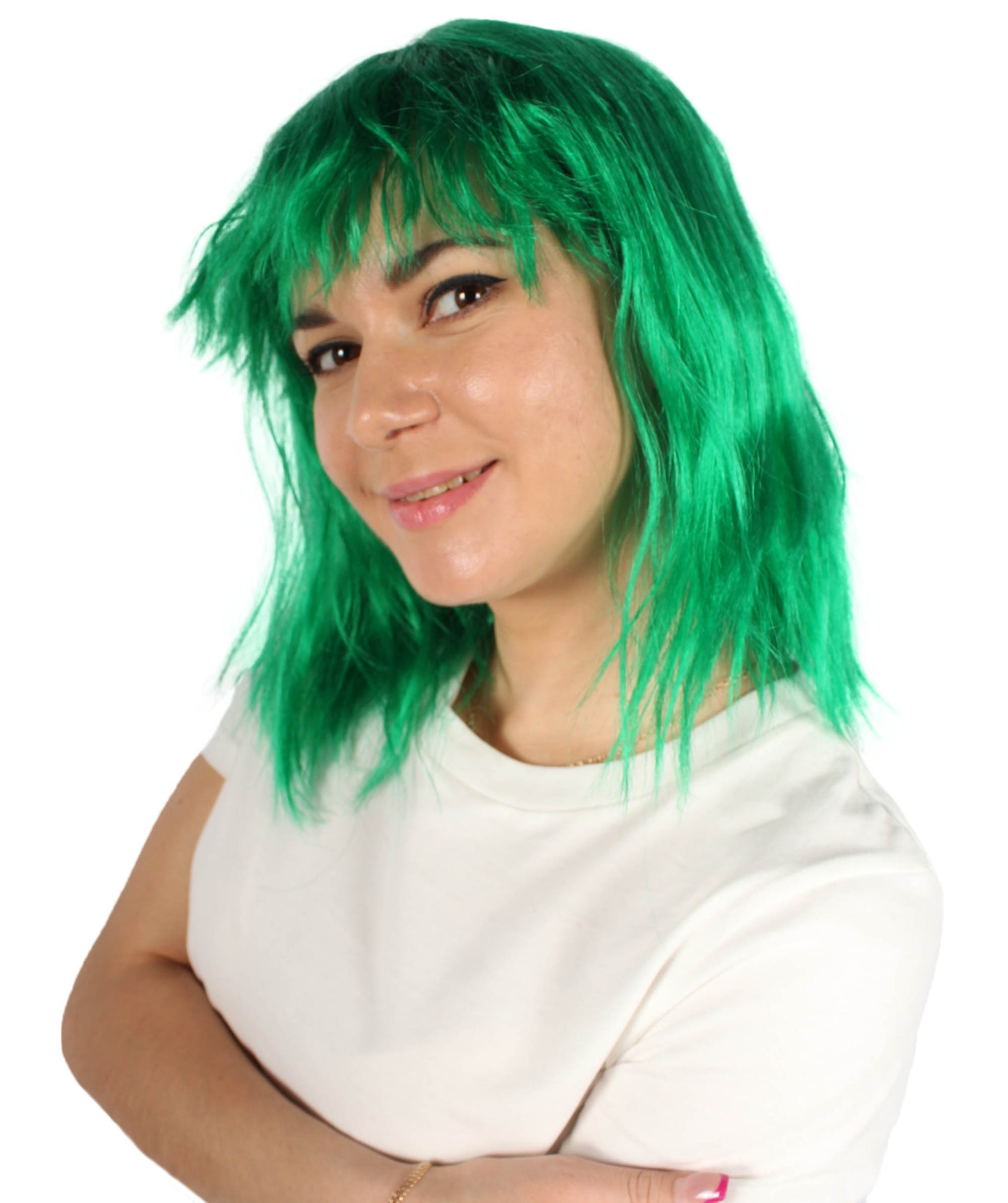 女性用 肩までの長さの前髪つき ウェービーコスプレウィッグ 緑 H-5229_7 ファンシースタイル プレミアムハロウィンパーティーウィッグコレクション