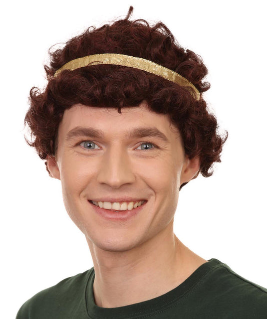ハロウィンパーティープレミアムメンズH-5631 カーリーブラウンヘロンウィッグ ゴールドバンド付き ソフト合成繊維ヘア