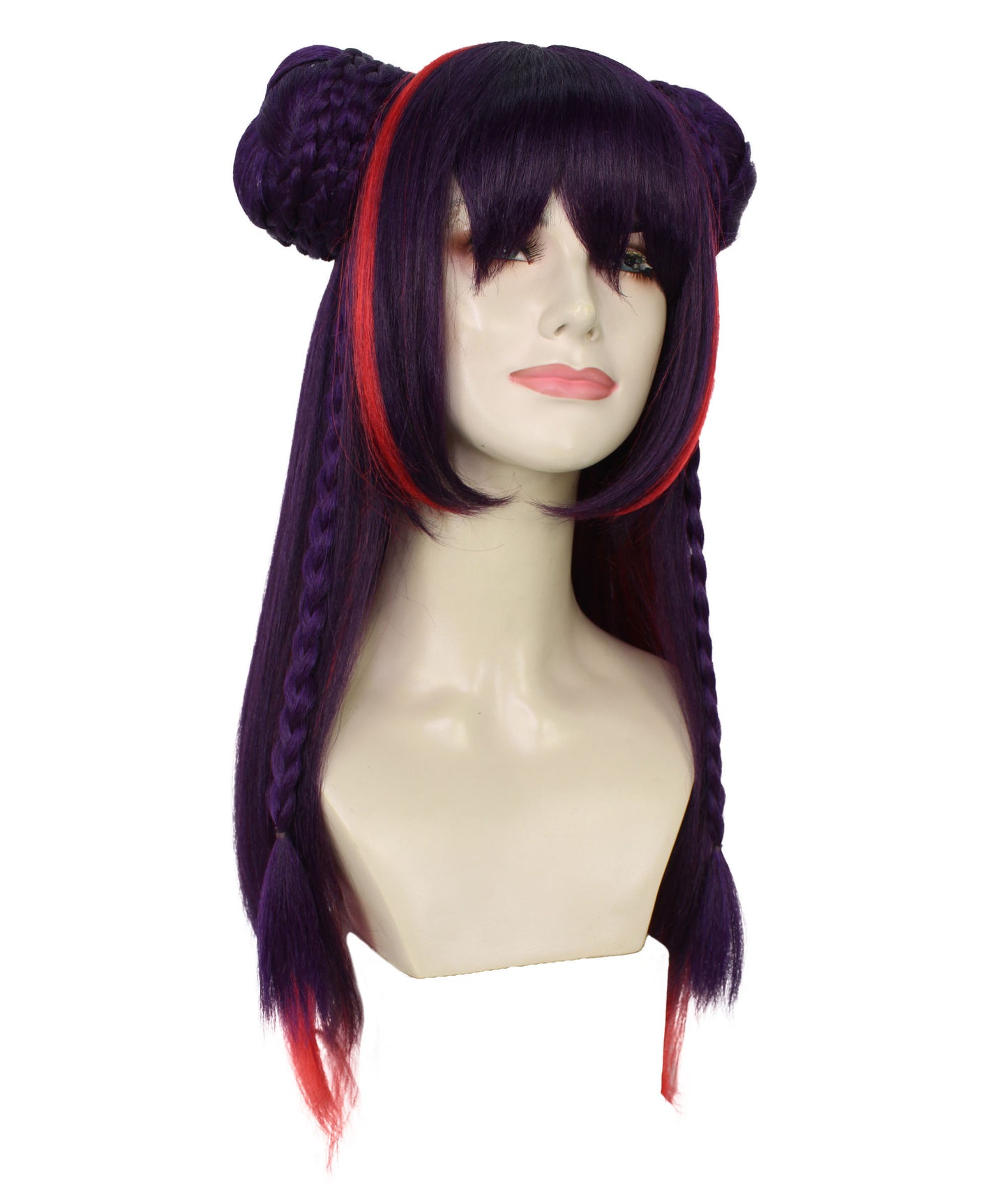 女性用 H-5980 ロング ツイン ポニーテール ダークパープル ウィッグ コスプレに最適 難燃性合成繊維