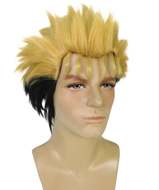 メンズ H-6097 ブラック & ブロンド コスプレ アニメ キャラクター スパイキー ヘアウィッグ ハロウィンに最適 難燃性合成繊維