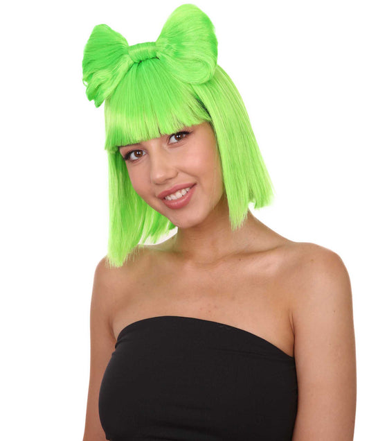 大人の女性用 H-1661 ライム色バタフライボウウィッグ セレブリティウィッグ ハロウィン用 プレミアム通気性キャップレスキャップ