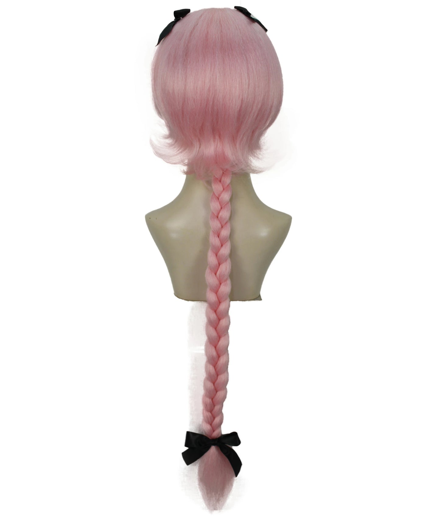 H-6264 ピンク コスプレウィッグ 女性用 ロング編み込み ちょう結び 難燃性合成繊維製